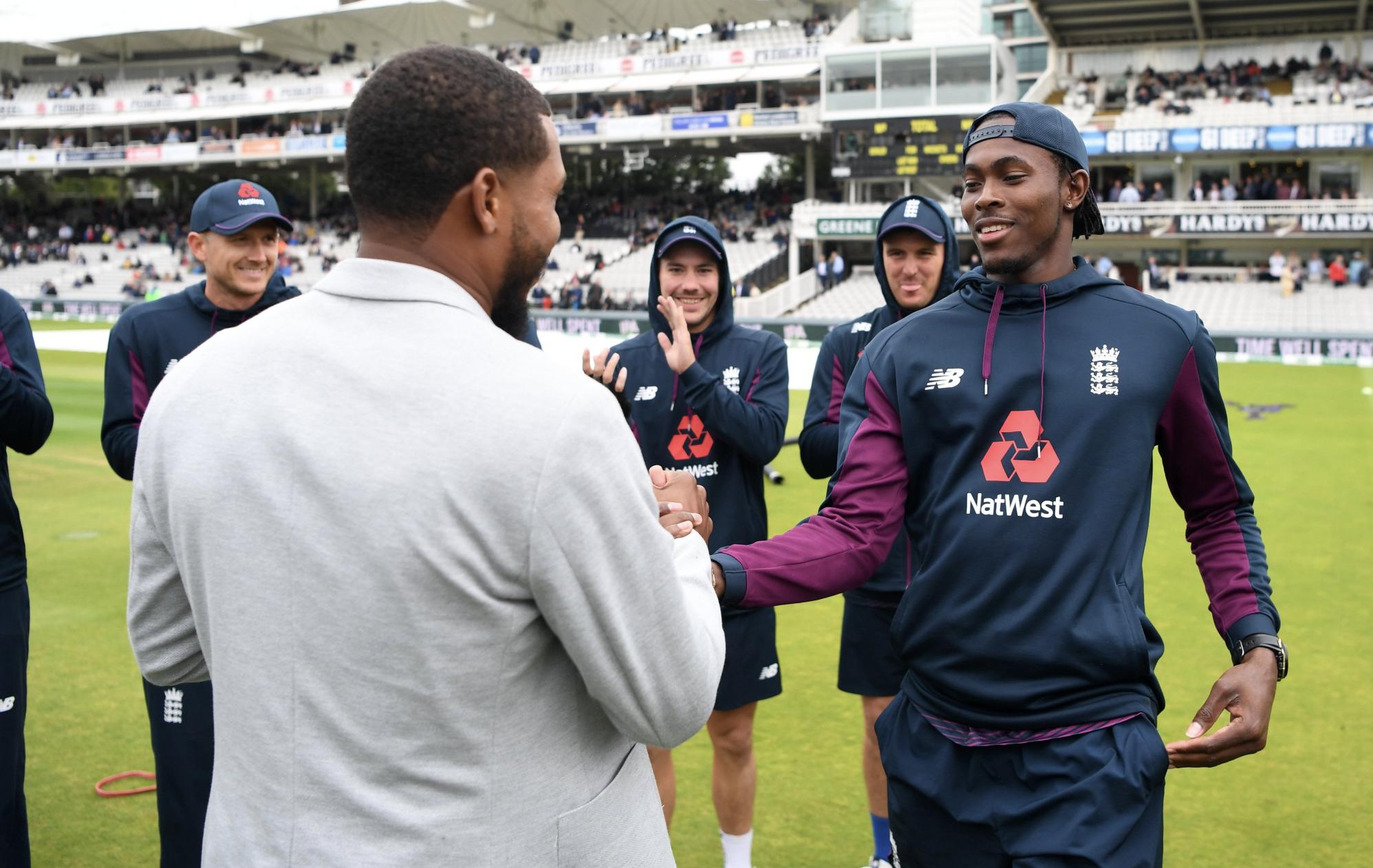 Jofra Archer received his test cap from Chris Jordan at Lord's .